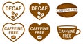 Set of caffeine free stamps. Caffeine free mug-shaped logo. Stamp or icon. Brown label